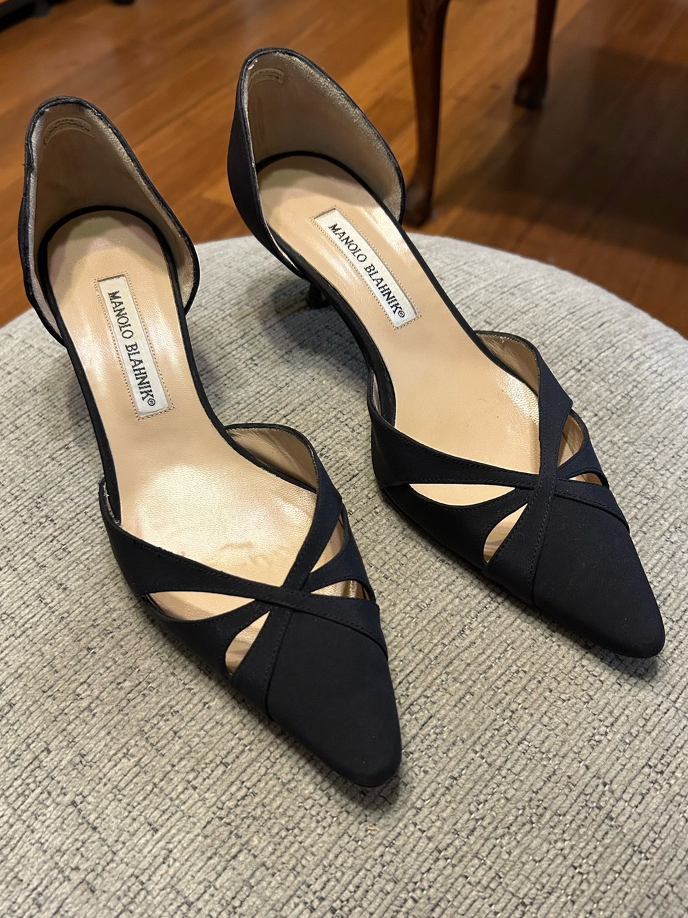 Manolo Blahnik Black Pointed D'Orsay Kitten Heels Quiet Luxury Classic